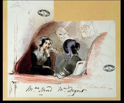George Sand (1804-76) a Marie de Flavigny (1805-76) hraběnka z Agoult, v Comedie Francaise, 1834 od Auguste Odier